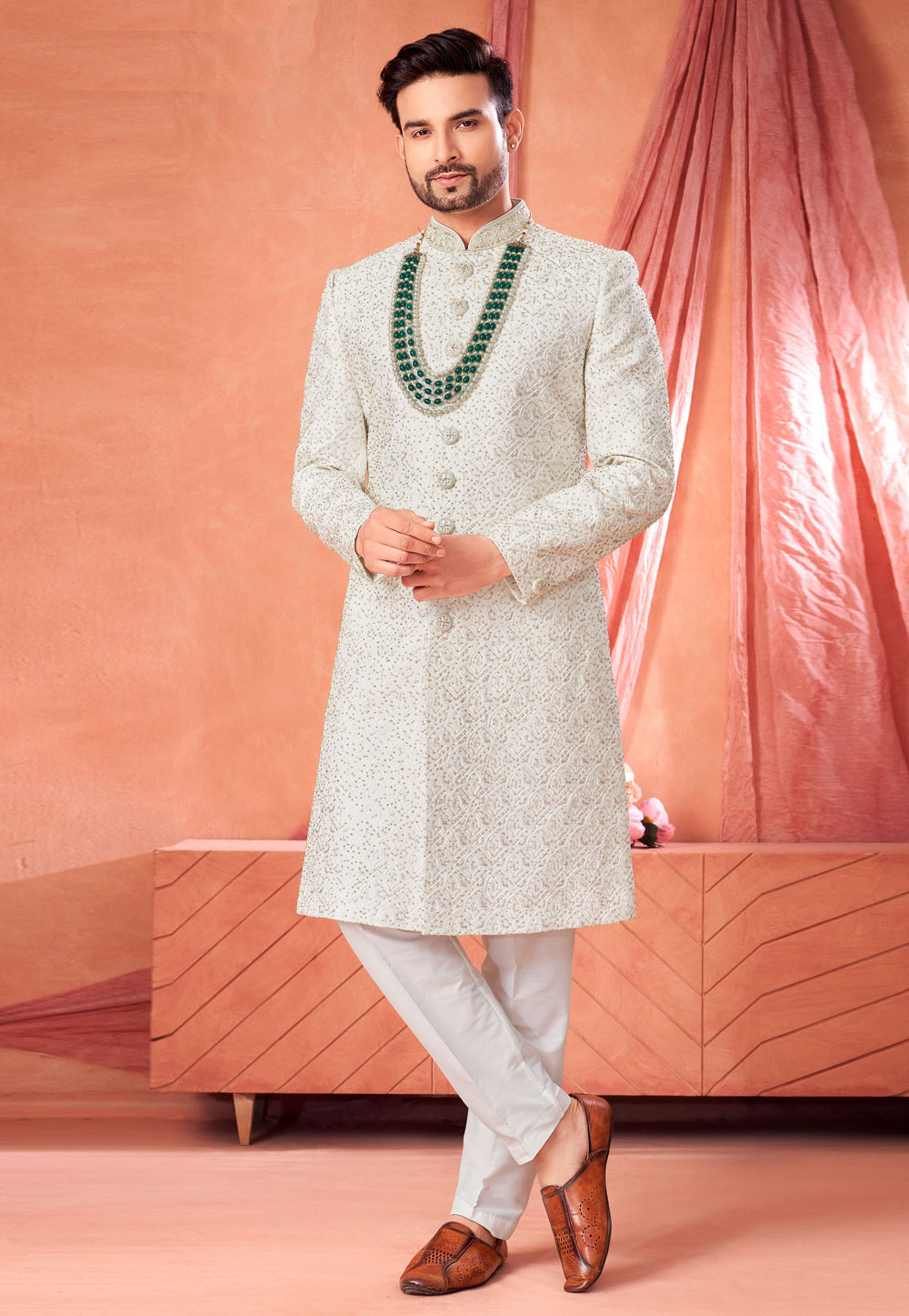 Off White Art Silk Achkan Style Sherwani 322488