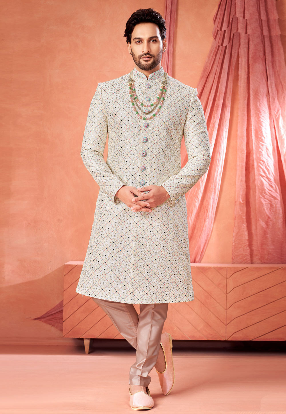 Off White Art Silk Achkan Style Sherwani 322490