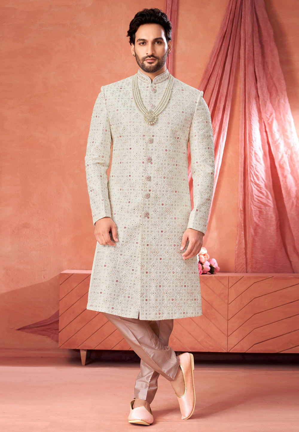 Off White Art Silk Achkan Style Sherwani 322491
