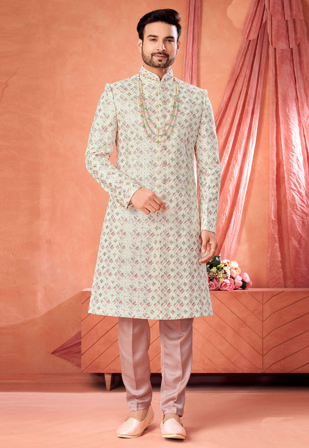 Off White Art Silk Achkan Style Sherwani 322492