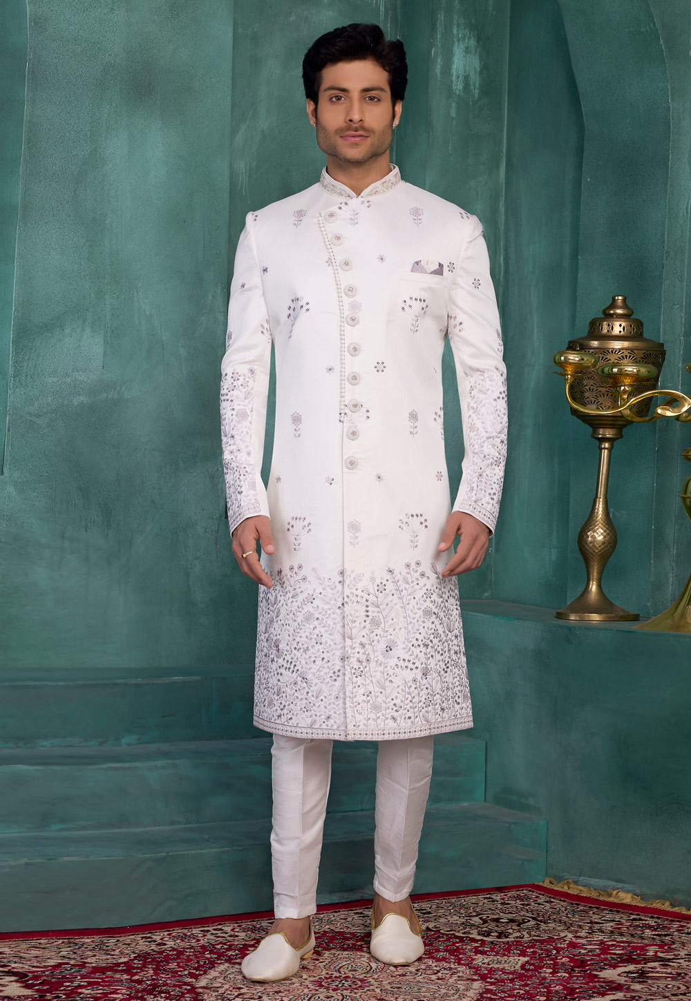 Off White Art Silk Achkan Style Sherwani 327045