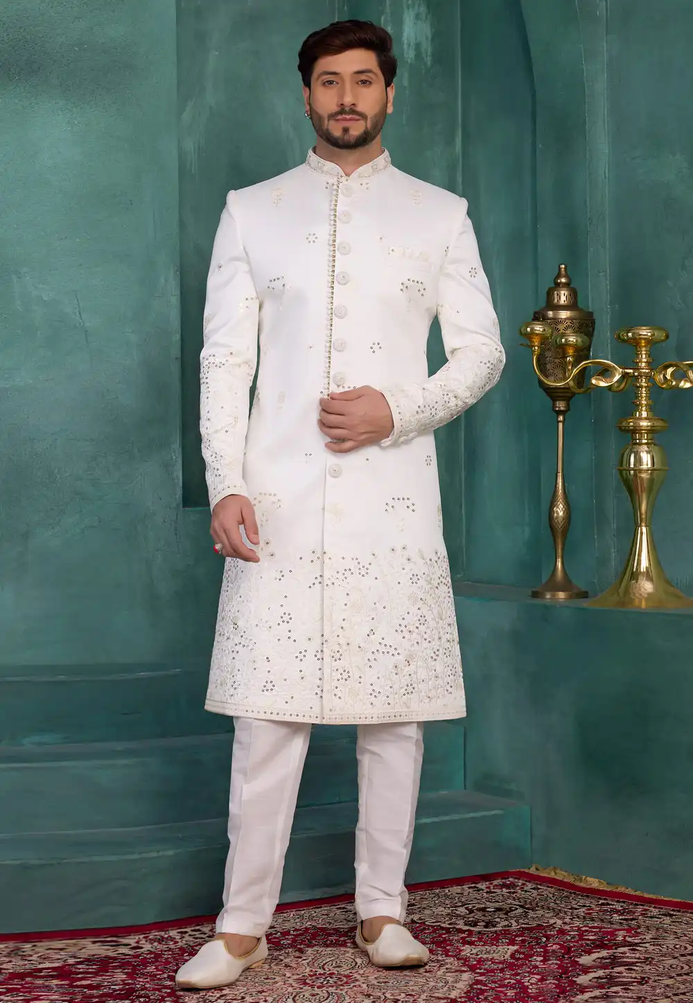Off White Art Silk Achkan Style Sherwani 327046