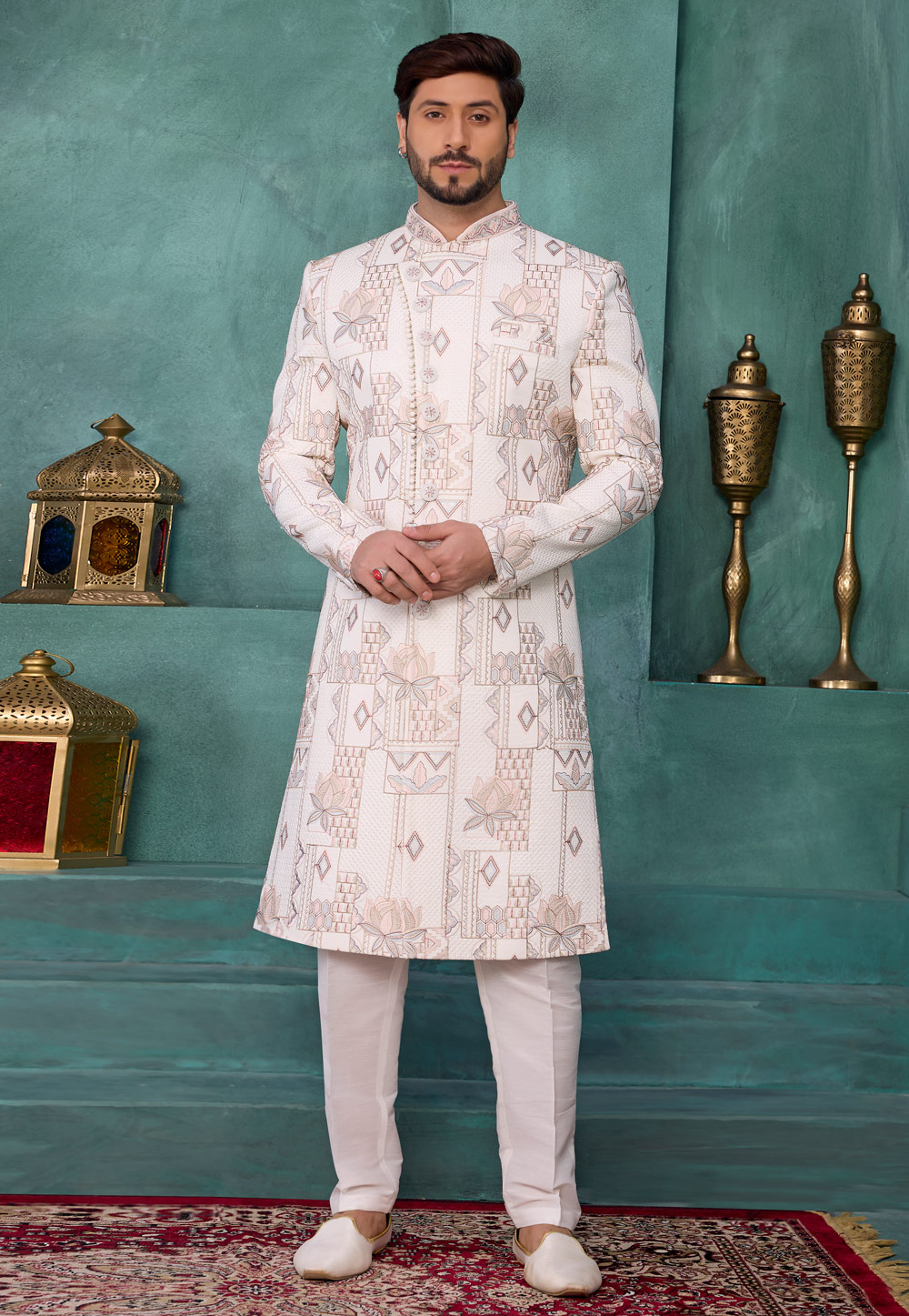 Off White Art Silk Achkan Style Sherwani 327048