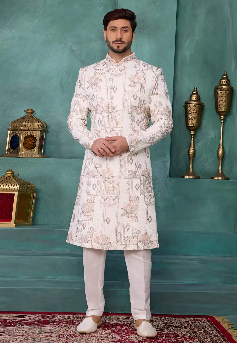 Off White Art Silk Achkan Style Sherwani 327048