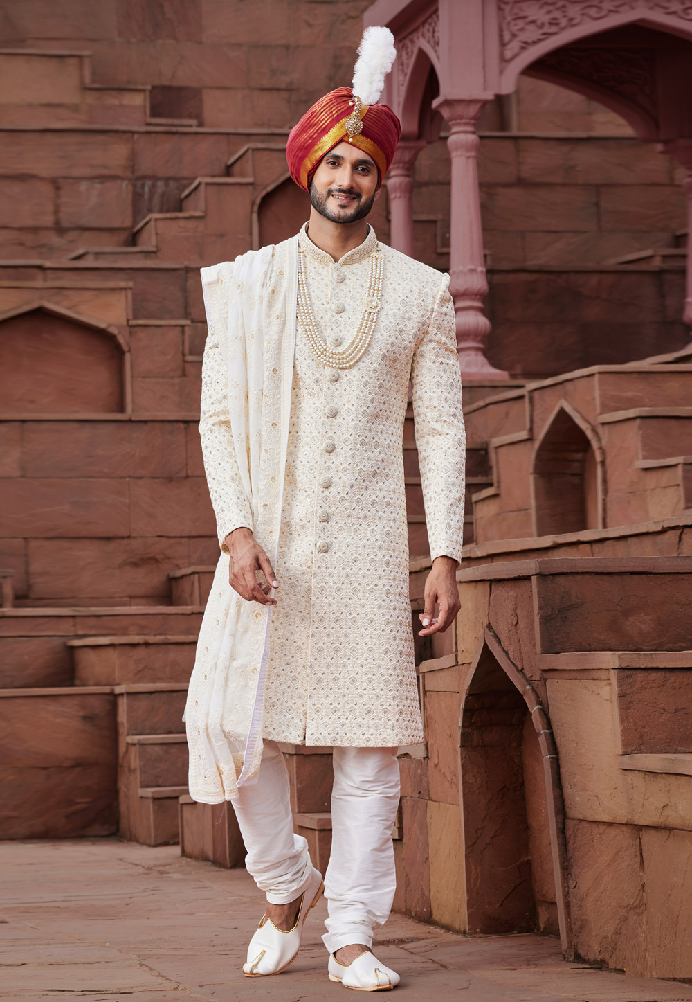 Off White Art Silk Achkan Style Sherwani With Stole 280126