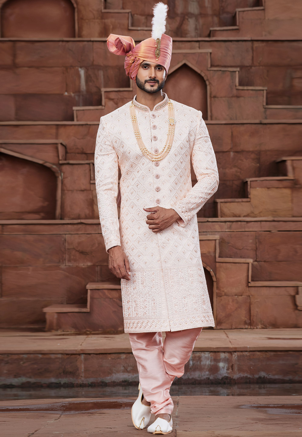 Off White Art Silk Achkan Style Sherwani With Stole 280135