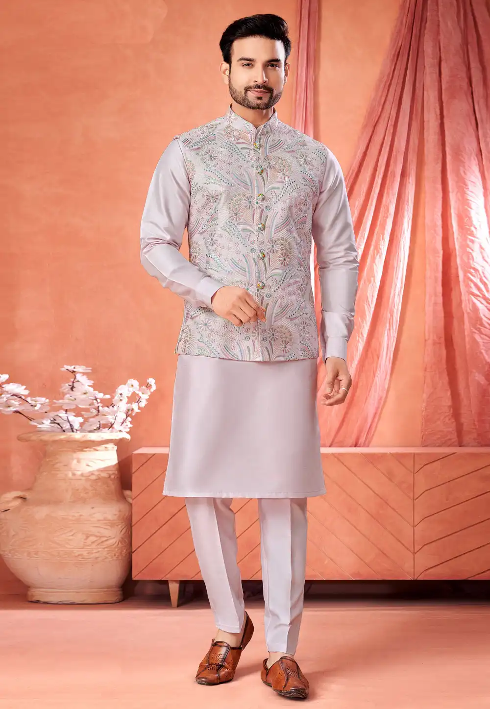 Off White Art Silk Kurta Pajama With Jacket 322306