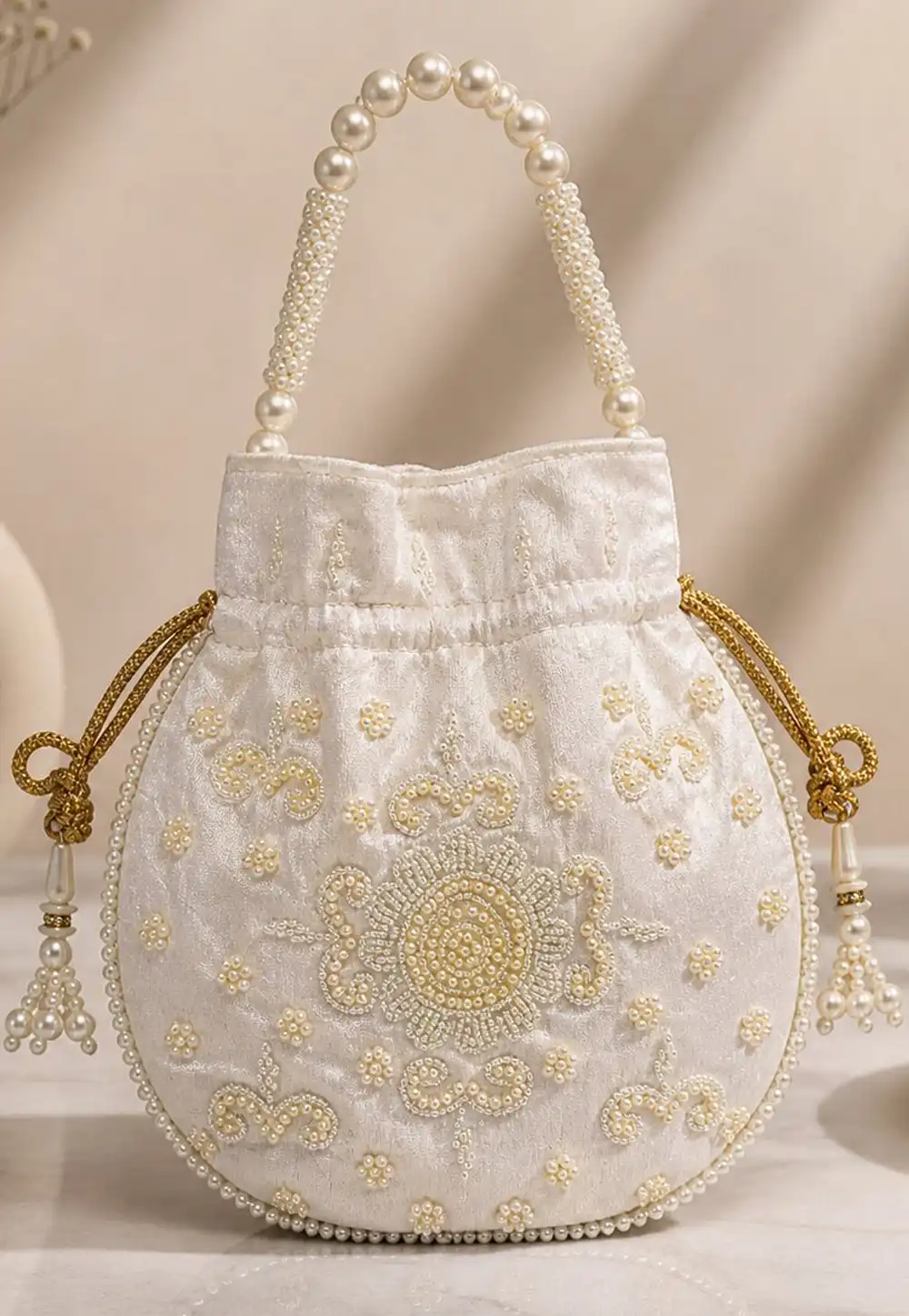 Off White Art Silk Potli Bags 329292