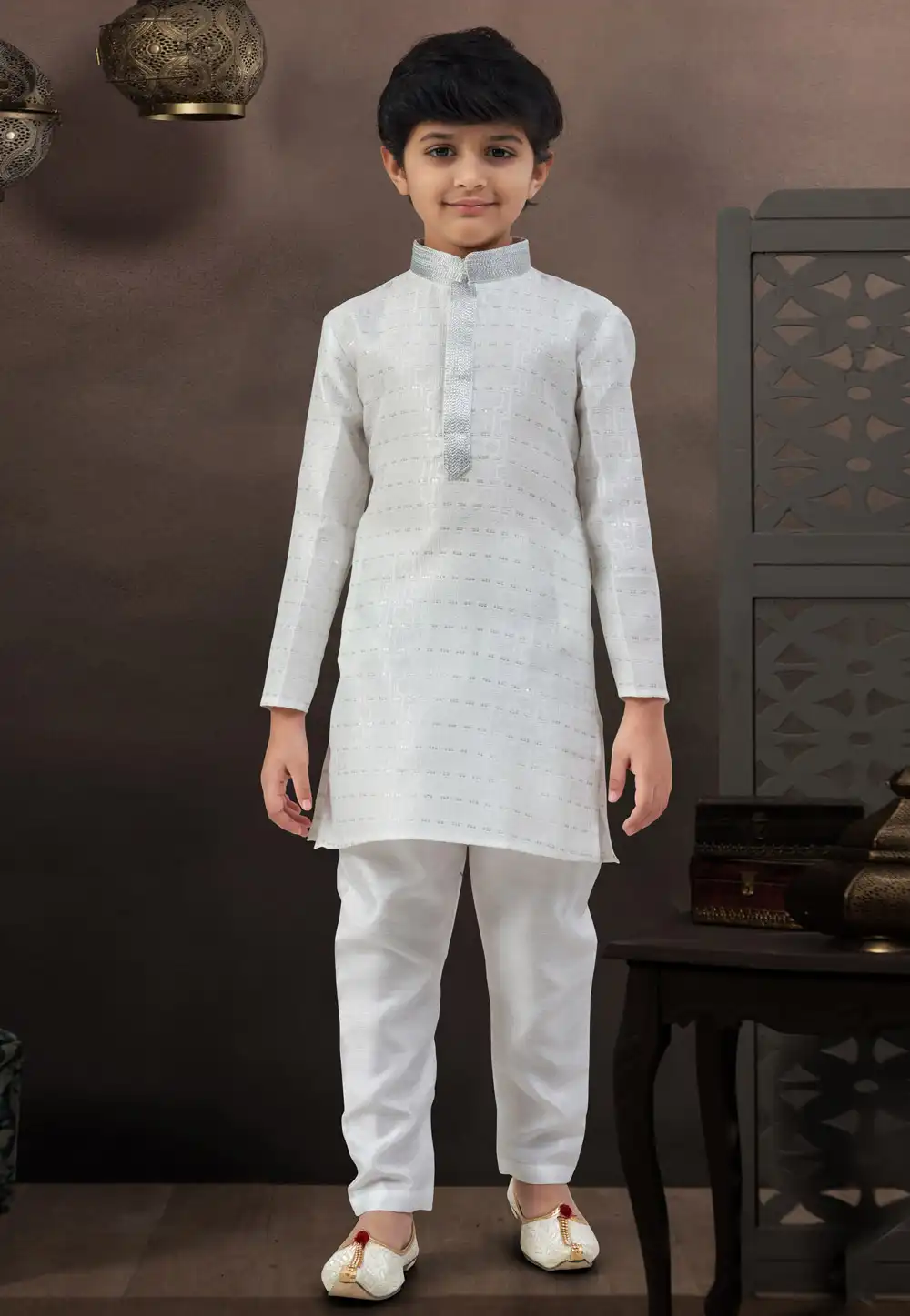 Off White Banarasi Jacquard Kids Kurta Pajama 328726