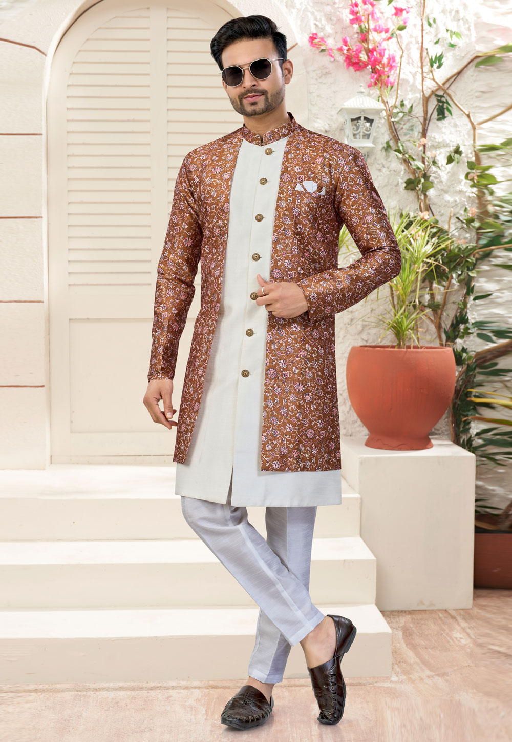 Off White Banarasi Silk Indo Western Suit 324629