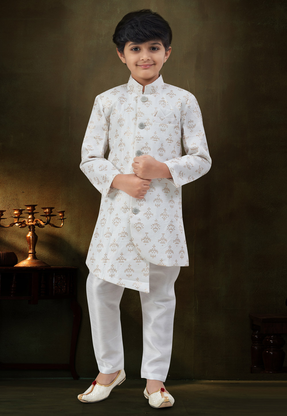 Off White Banarasi Silk Kids Indo Western Suit 324275