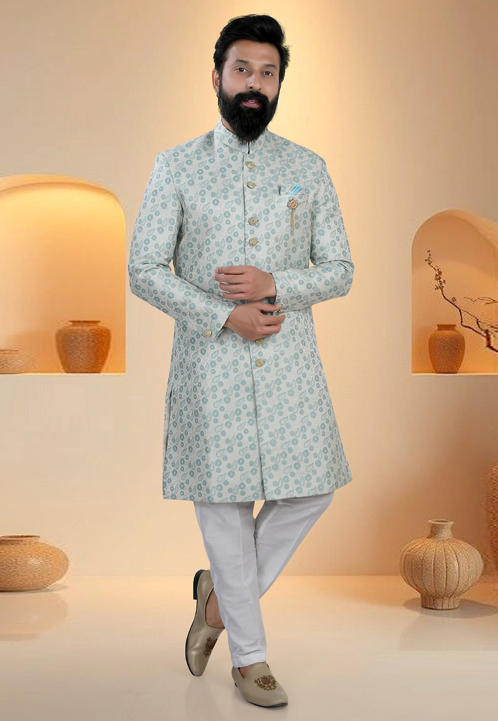 Off White Brocade Indo Western Suit 321299