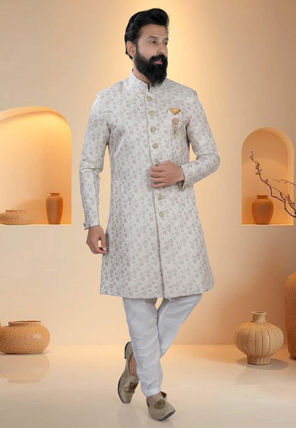 Off White Brocade Indo Western Suit 321300