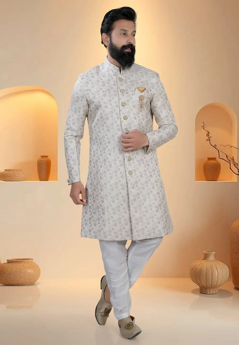 Off White Brocade Indo Western Suit 321300