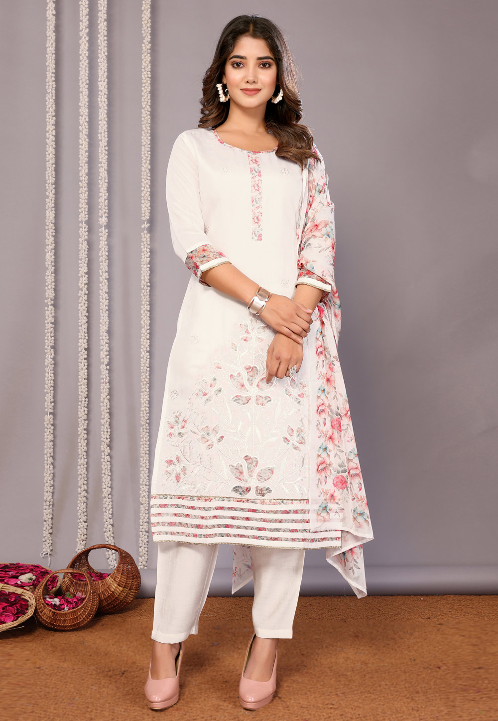 Off White Chanderi Readymade Pant Style Suit 308132
