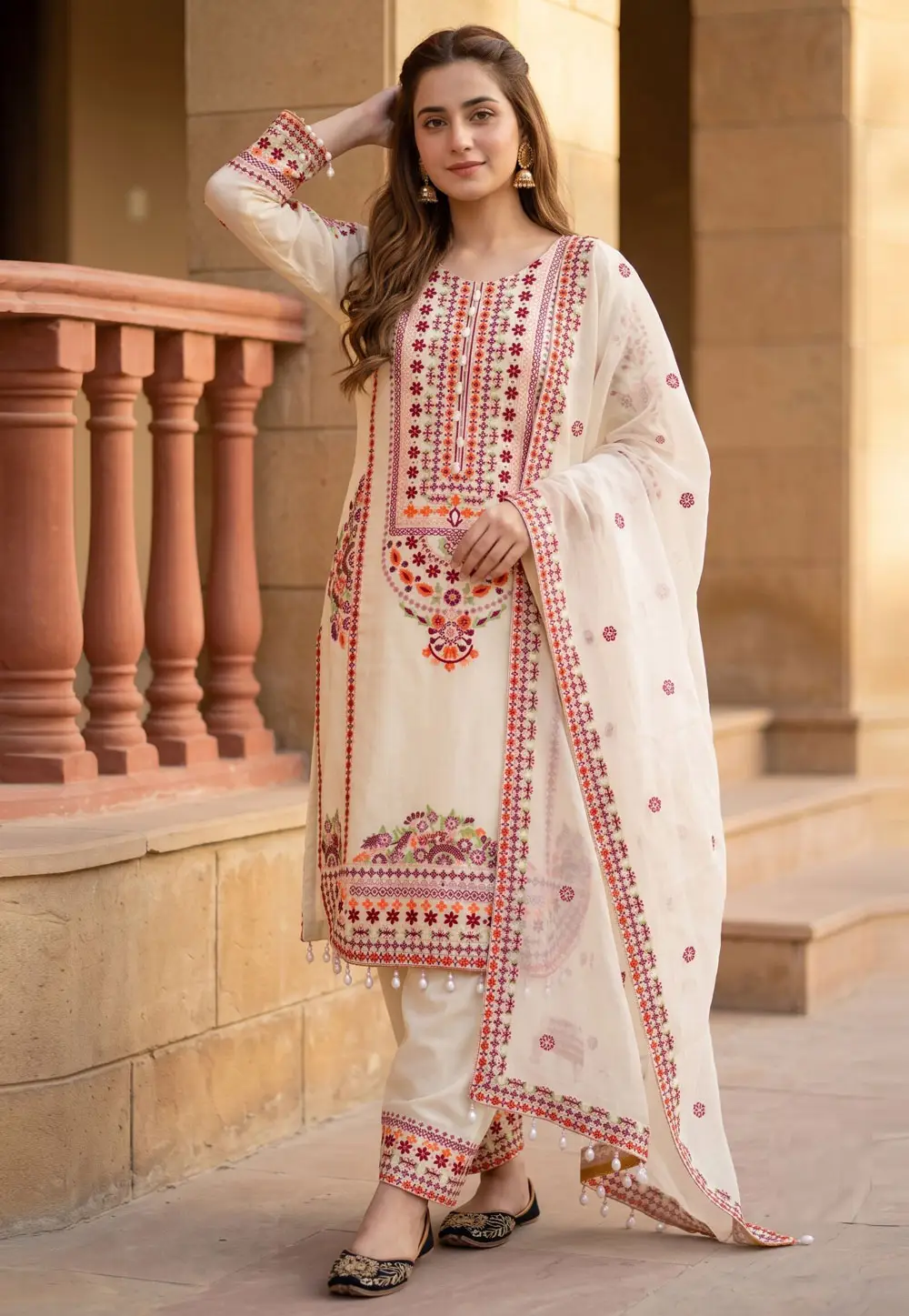 Off White Chanderi Readymade Punjabi Suit 333709