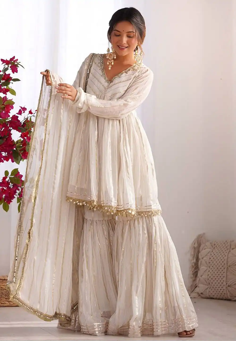 Off White Chanderi Readymade Sharara Suit 316703