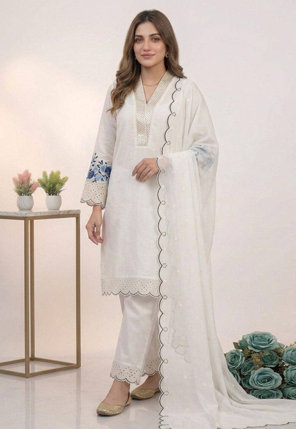Off White Chanderi Silk Readymade Pakistani Suit 329080