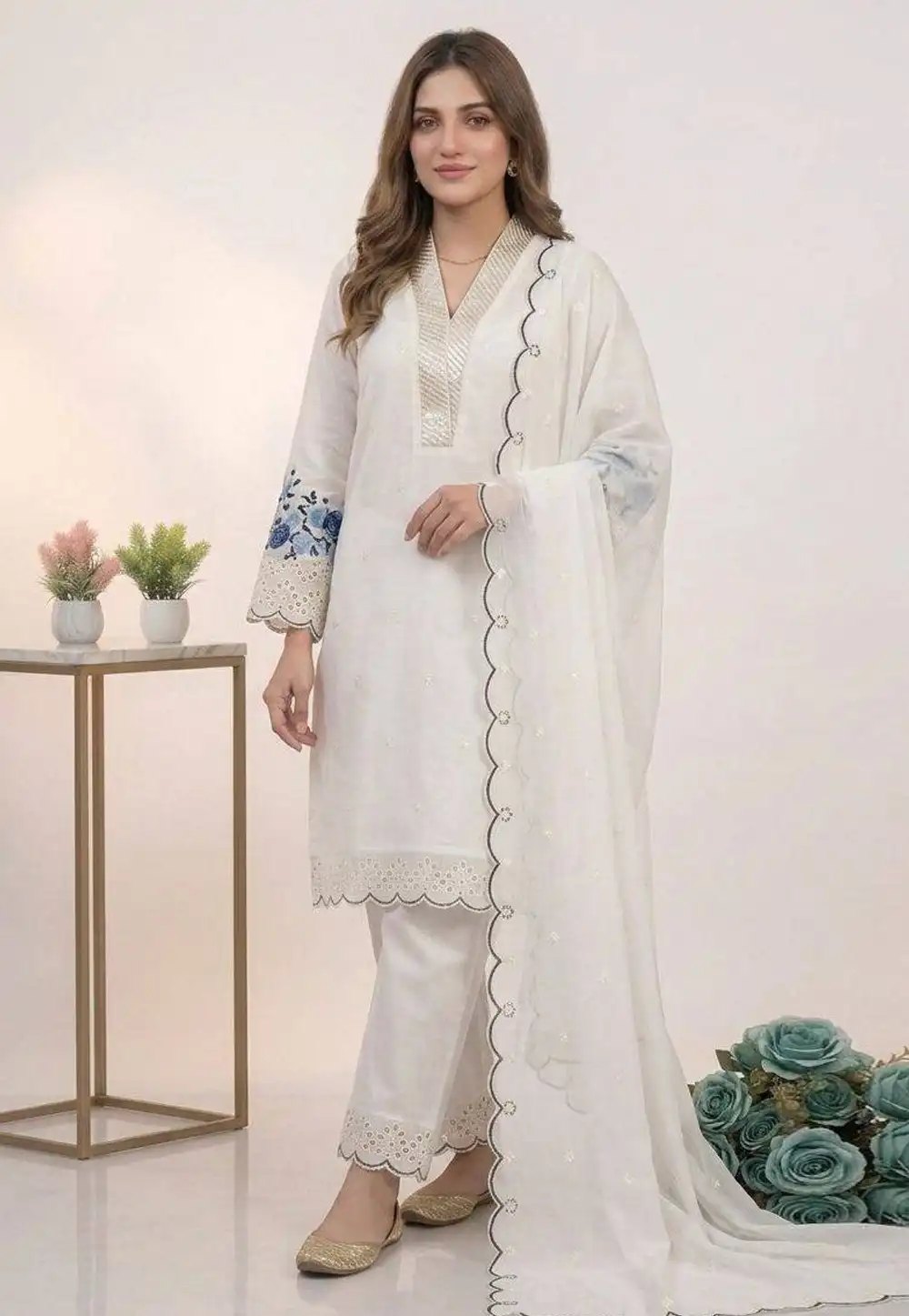 Off White Chanderi Silk Readymade Pakistani Suit 329080