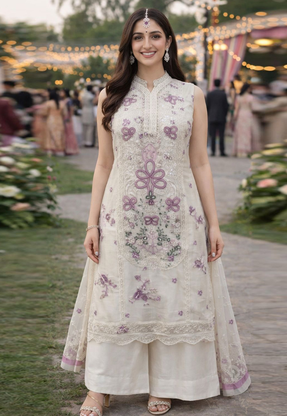 Off White Chiffon Readymade Palazzo Suit 326967