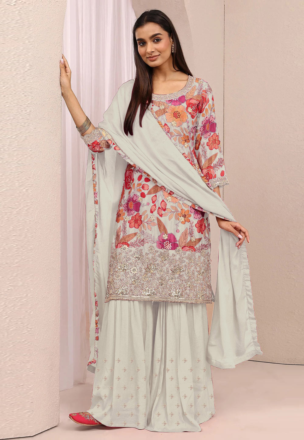 Off White Chinon Gharara Suit 329170