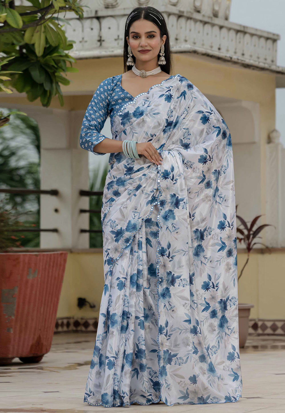 Off White Chinon Lehenga Saree 318029