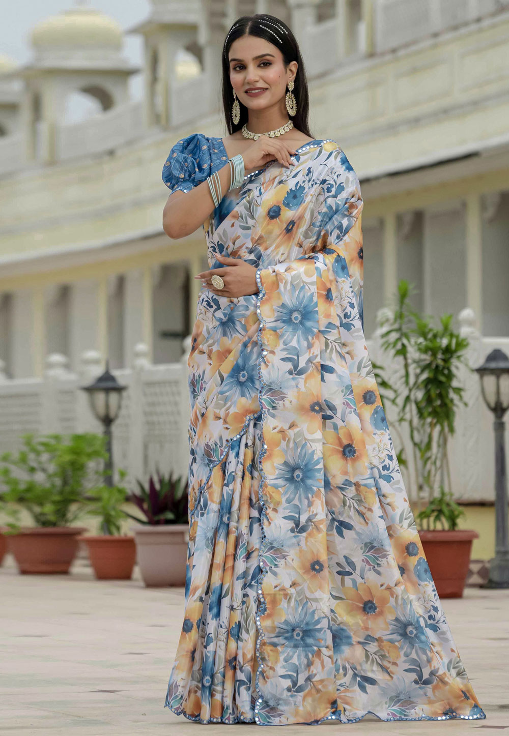 Off White Chinon Saree With Blouse 318036