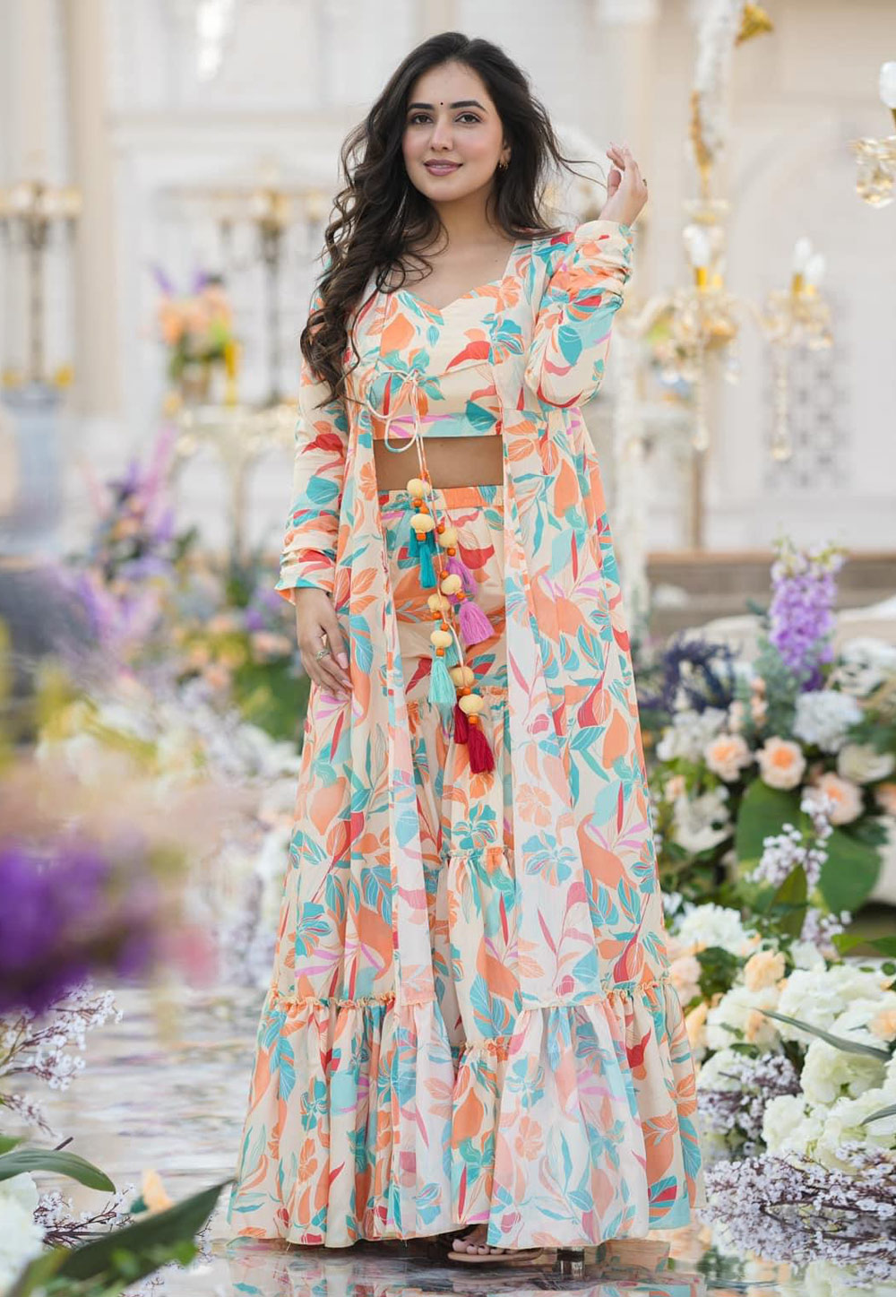 Off White Chinon Sharara With Crop Top 285459