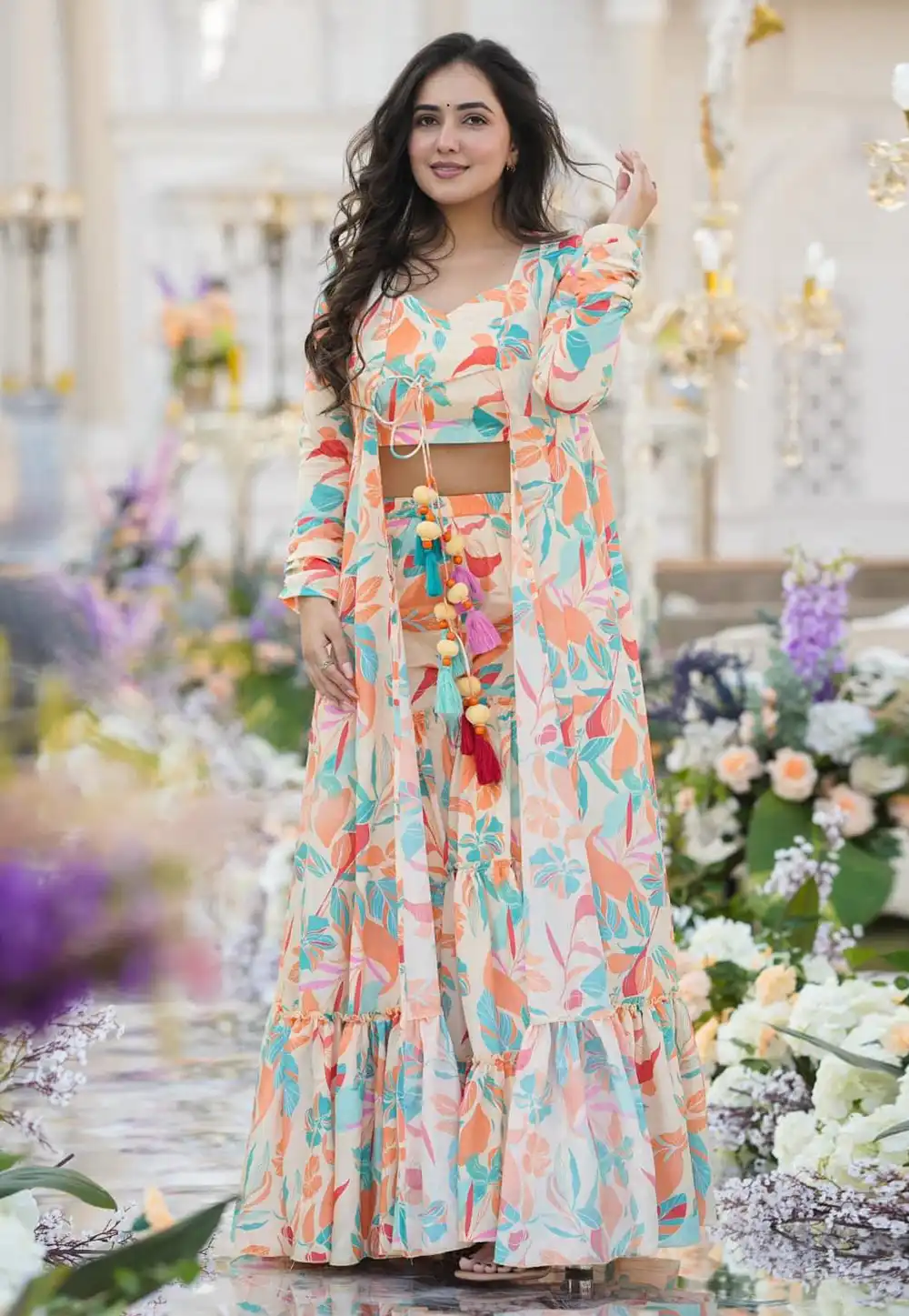 Off White Chinon Sharara With Crop Top 285459
