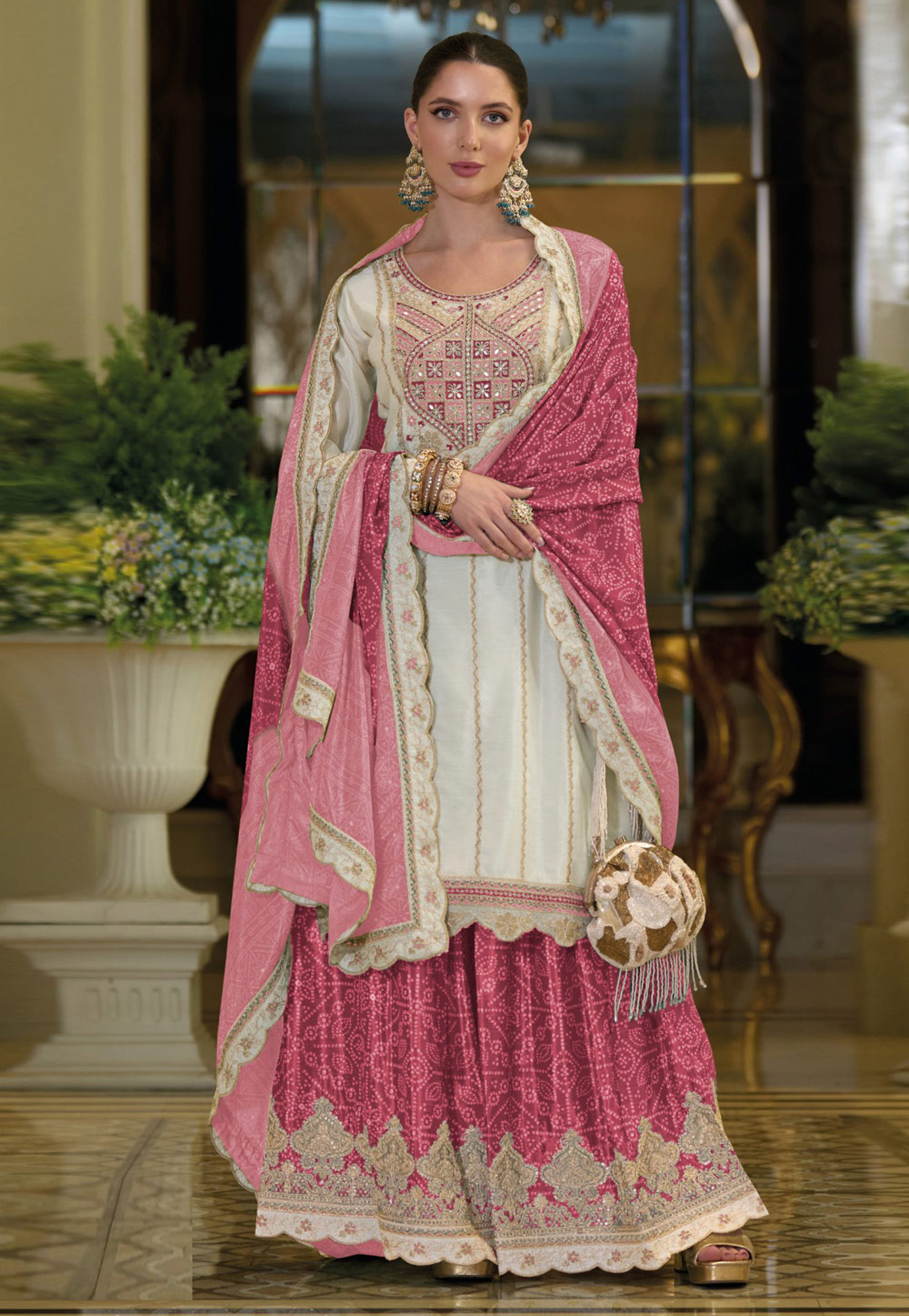 Off White Chinon Silk Pakistani Suit 308521
