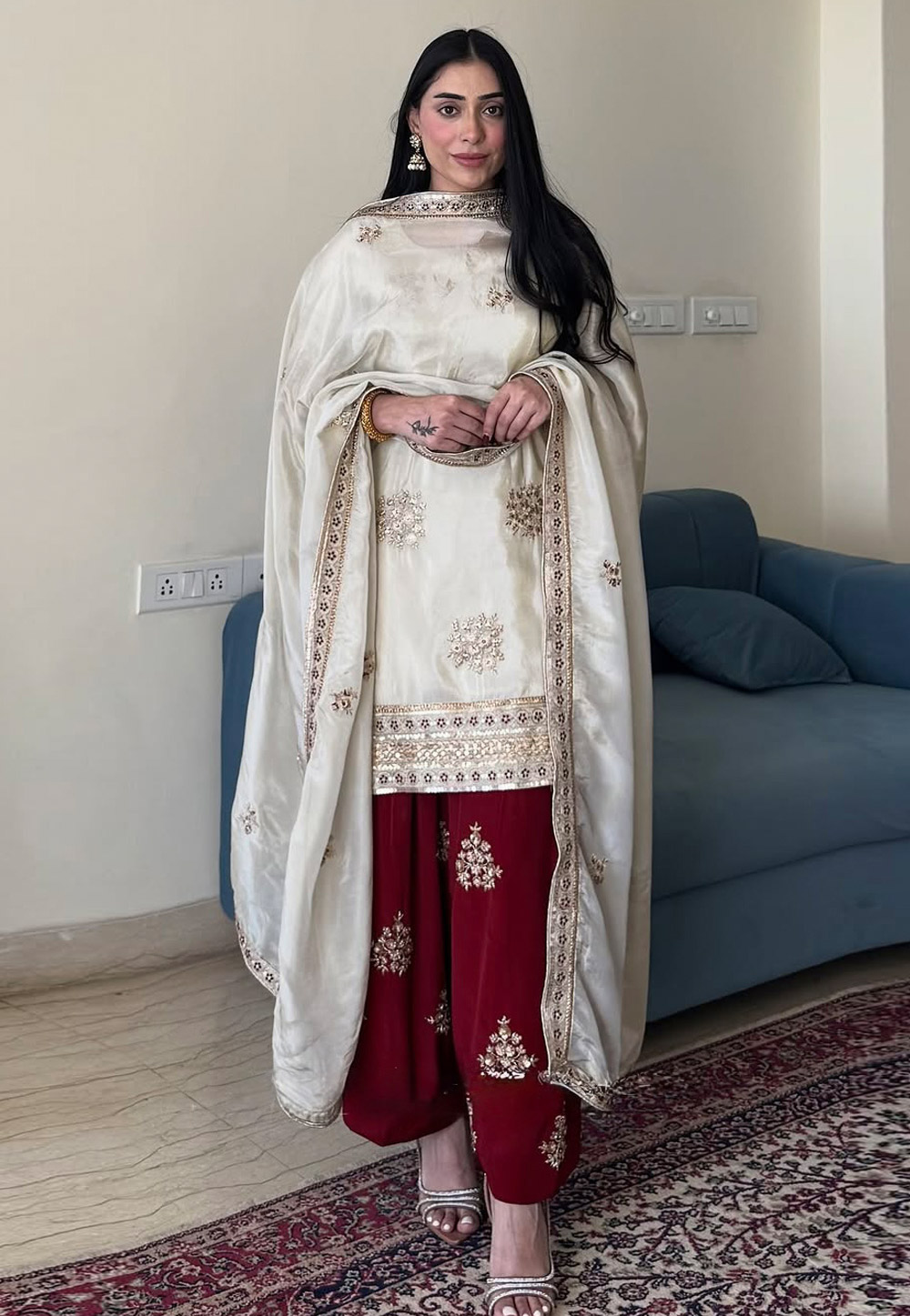 Off White Chinon Silk Readymade Palazzo Suit 308461