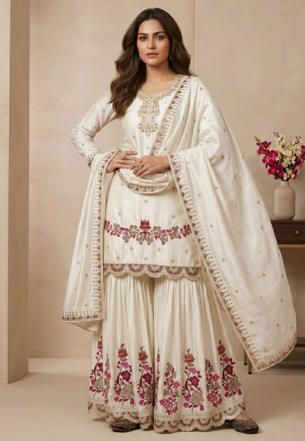 Off White Chinon Silk Readymade Sharara Suit 330341