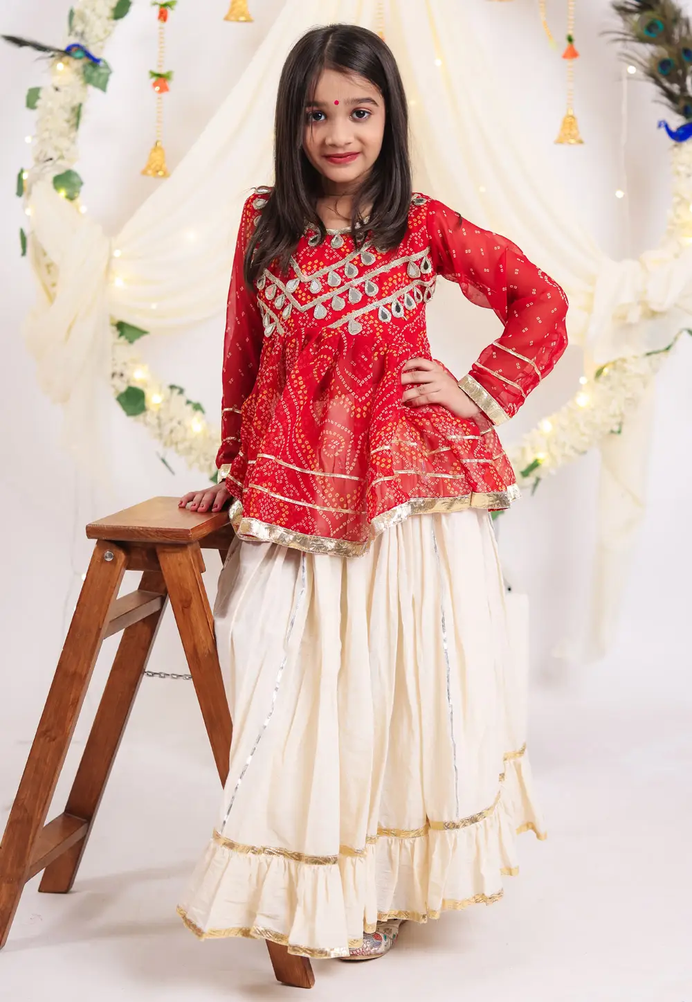 Off White Cotton Girls Navratri Lehenga Choli 335708