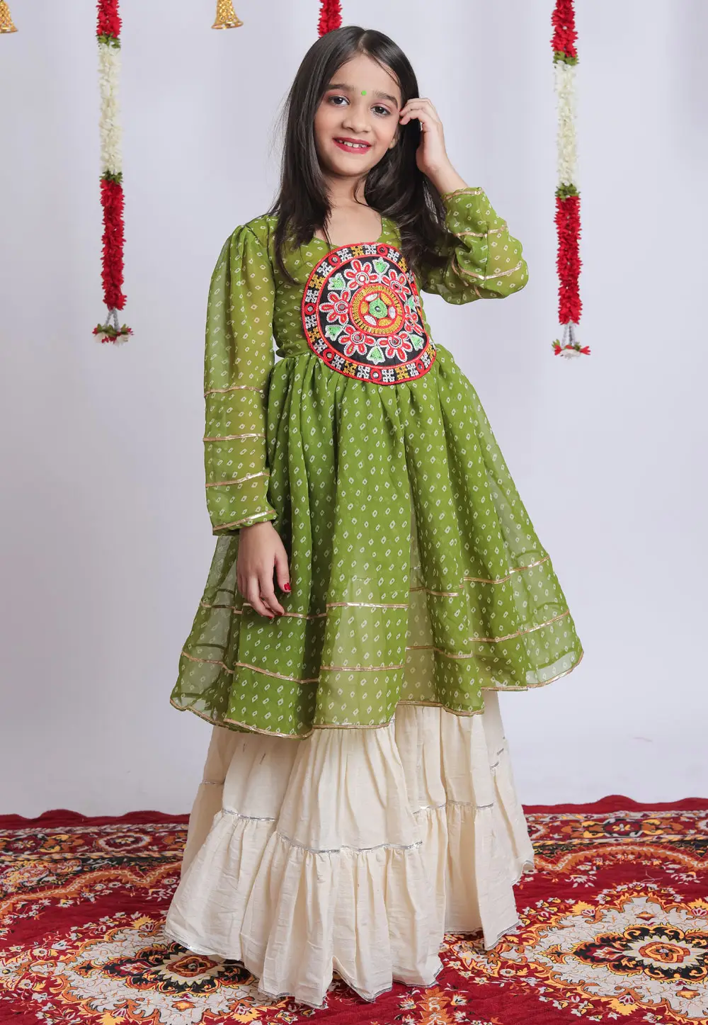Off White Cotton Girls Navratri Lehenga Choli 335710