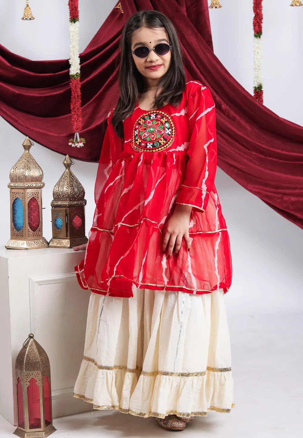 Off White Cotton Girls Navratri Lehenga Choli 335711