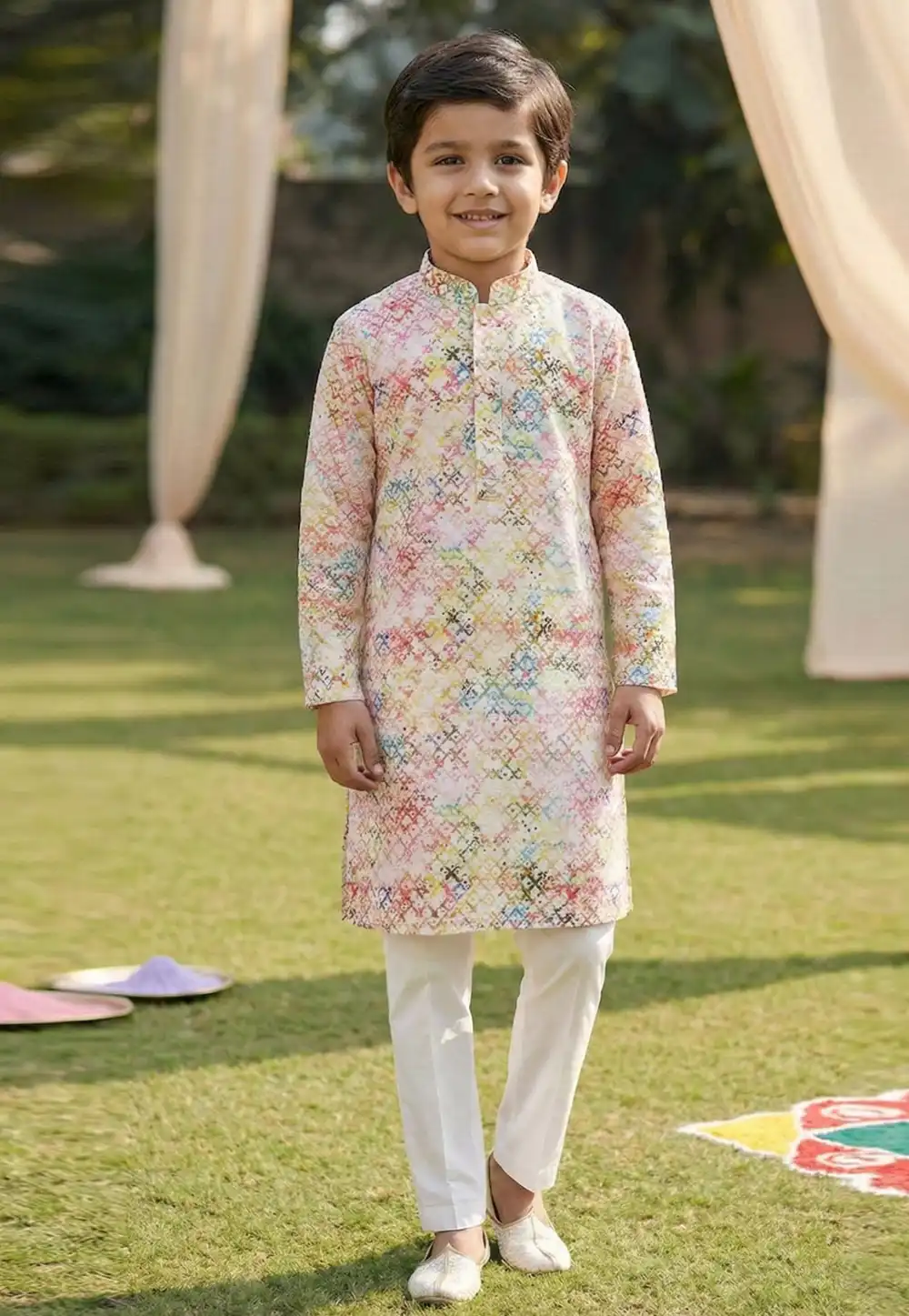 Off White Cotton Kids Kurta Pajama 325136