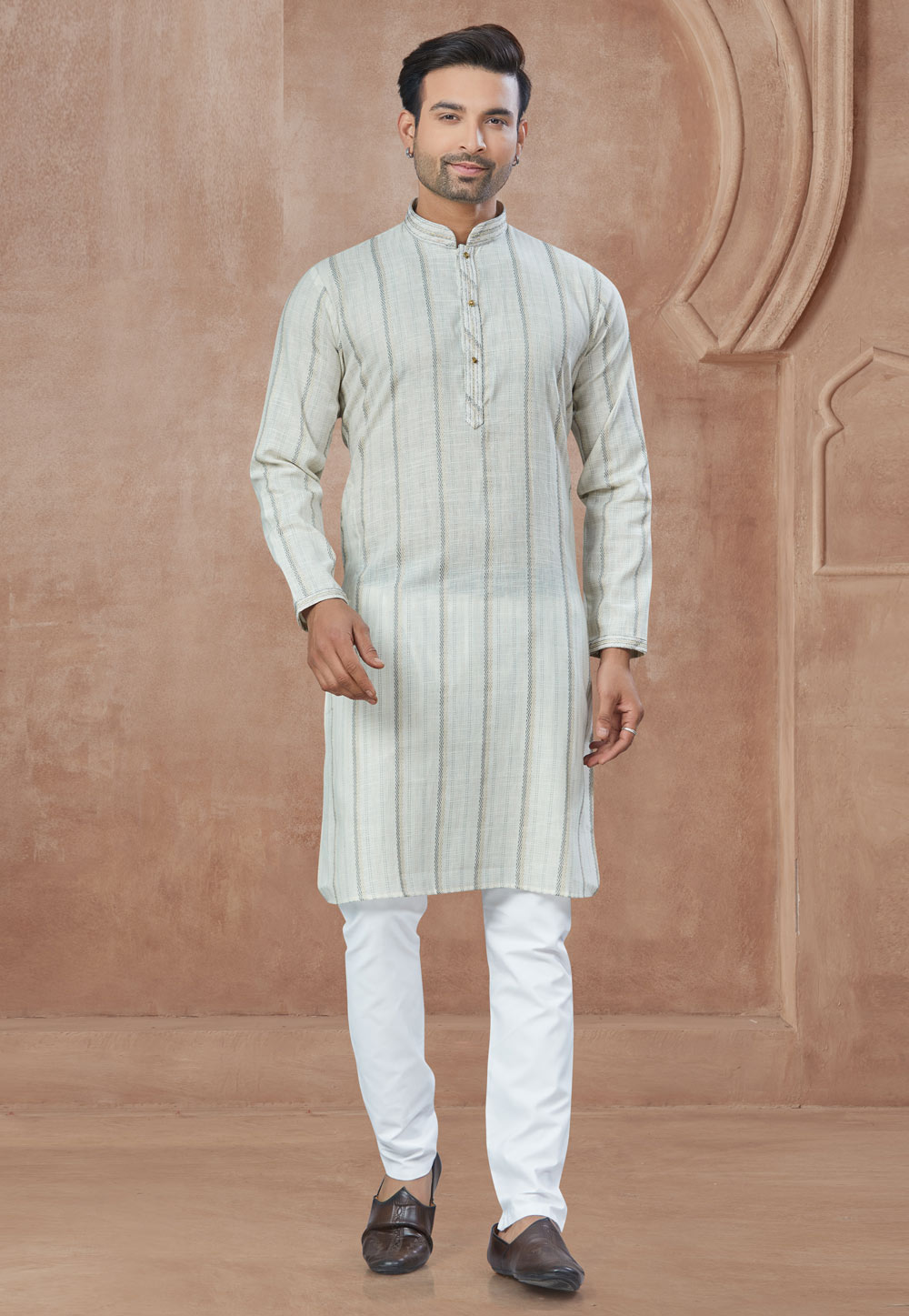 Off White Cotton Kurta Pajama 307378