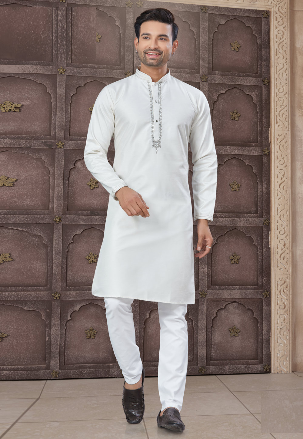 Off White Cotton Kurta Pajama 307386
