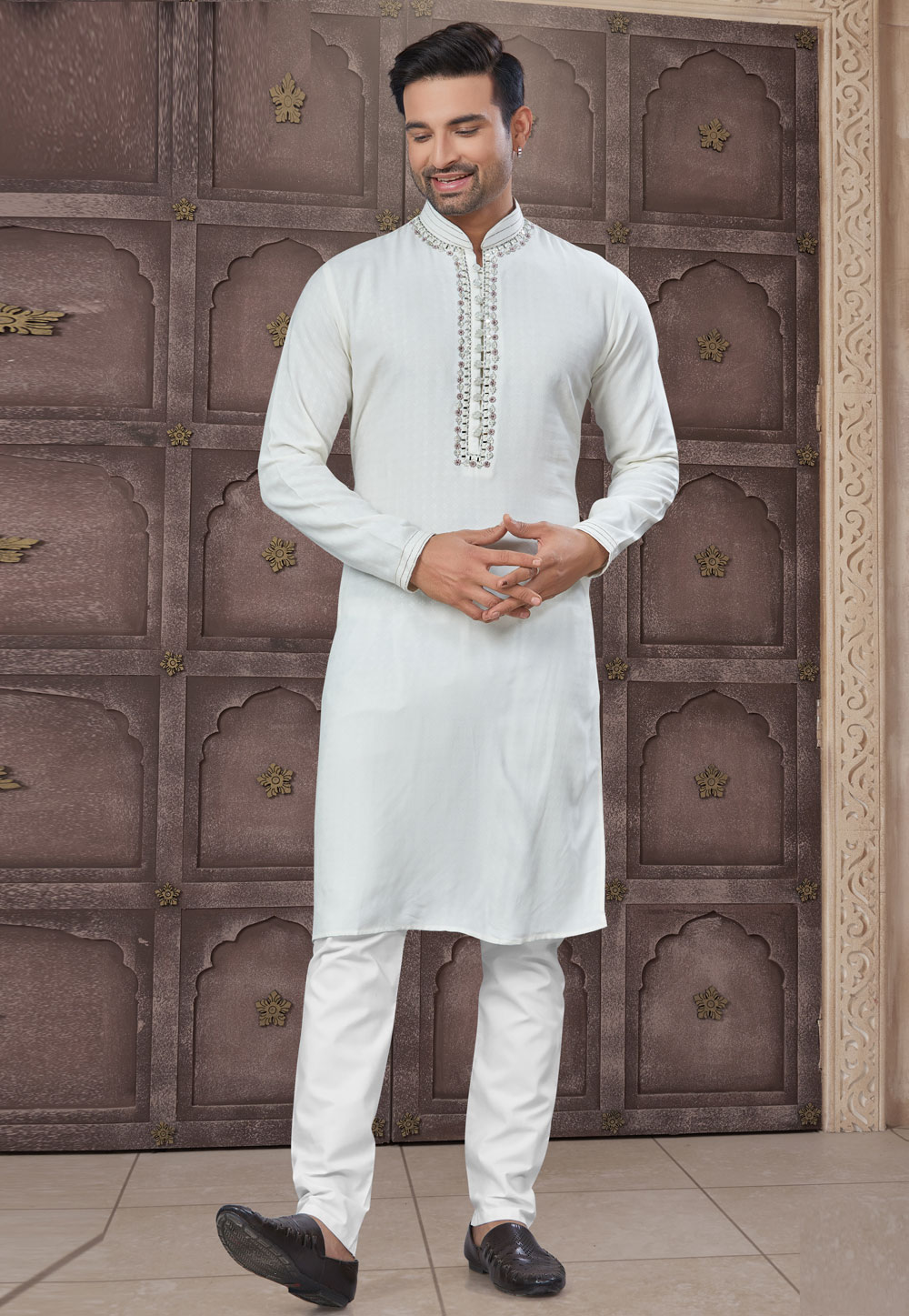 Off White Cotton Kurta Pajama 307390