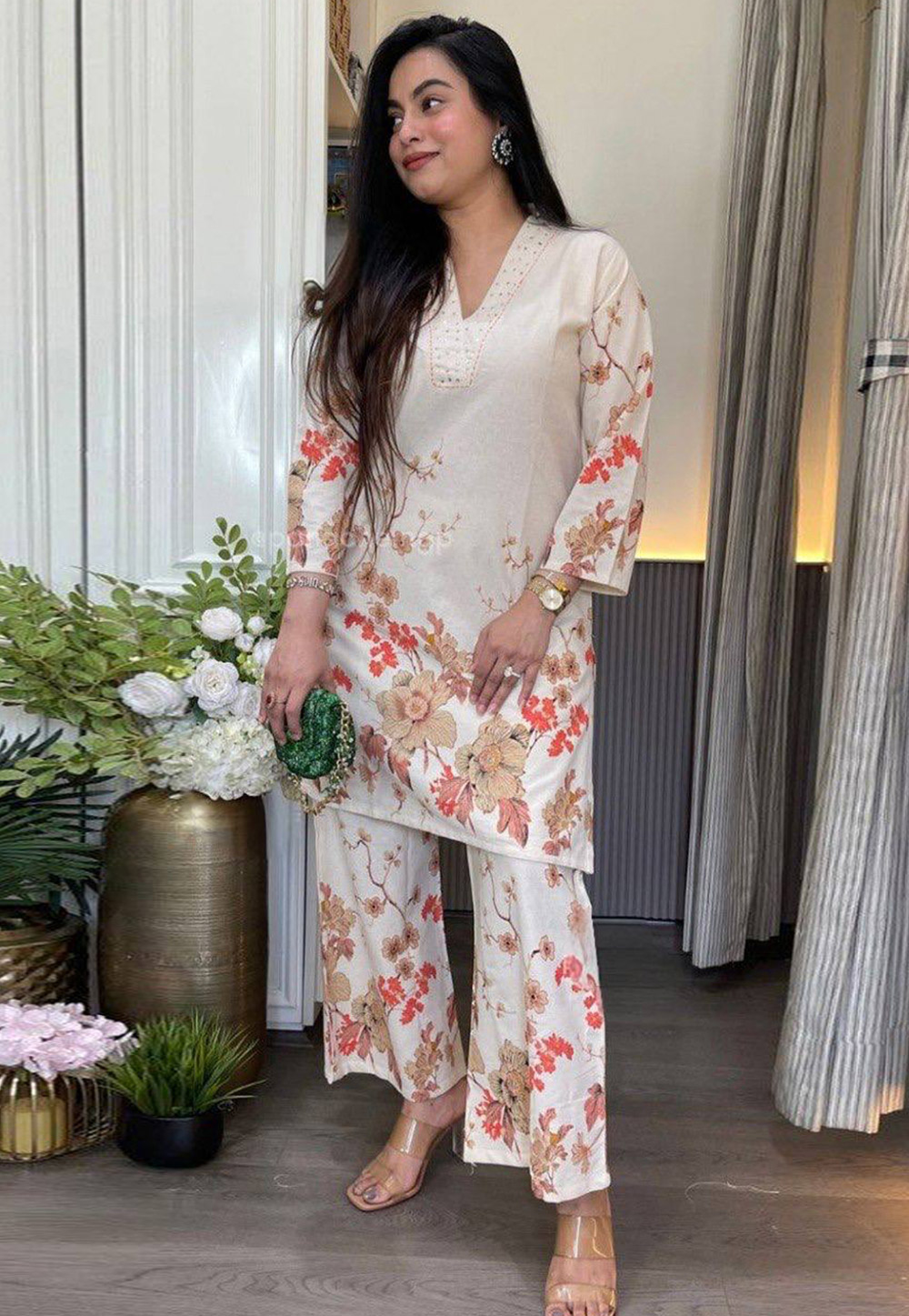 Off White Cotton Kurta Set With Palazzo 329024
