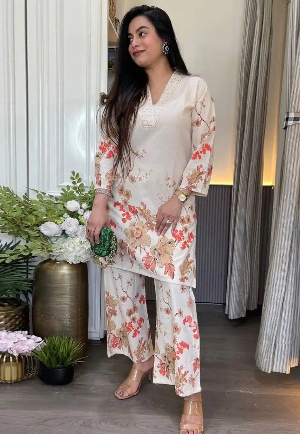 Off White Cotton Kurta Set With Palazzo 329024