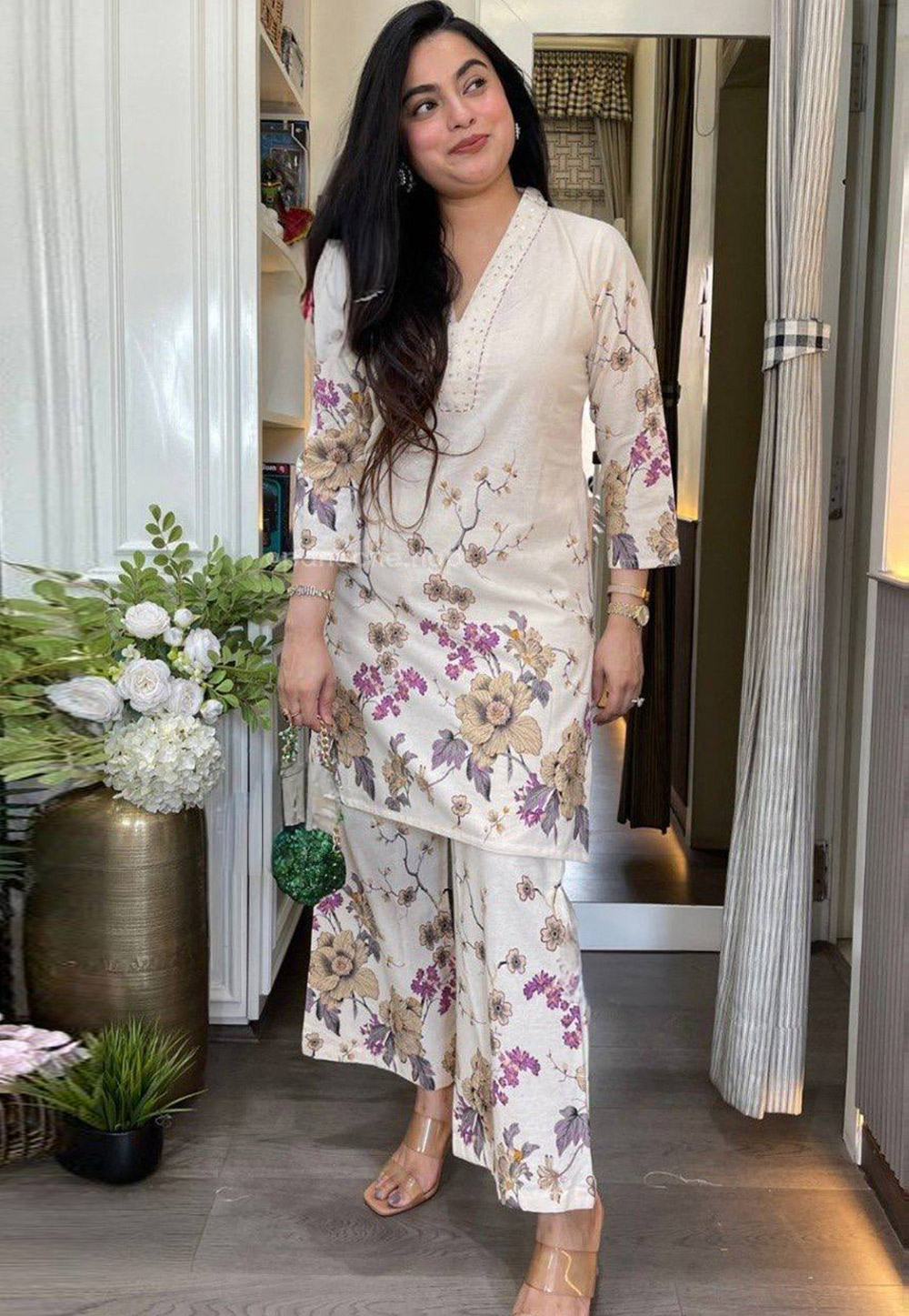 Off White Cotton Kurta Set With Palazzo 329025