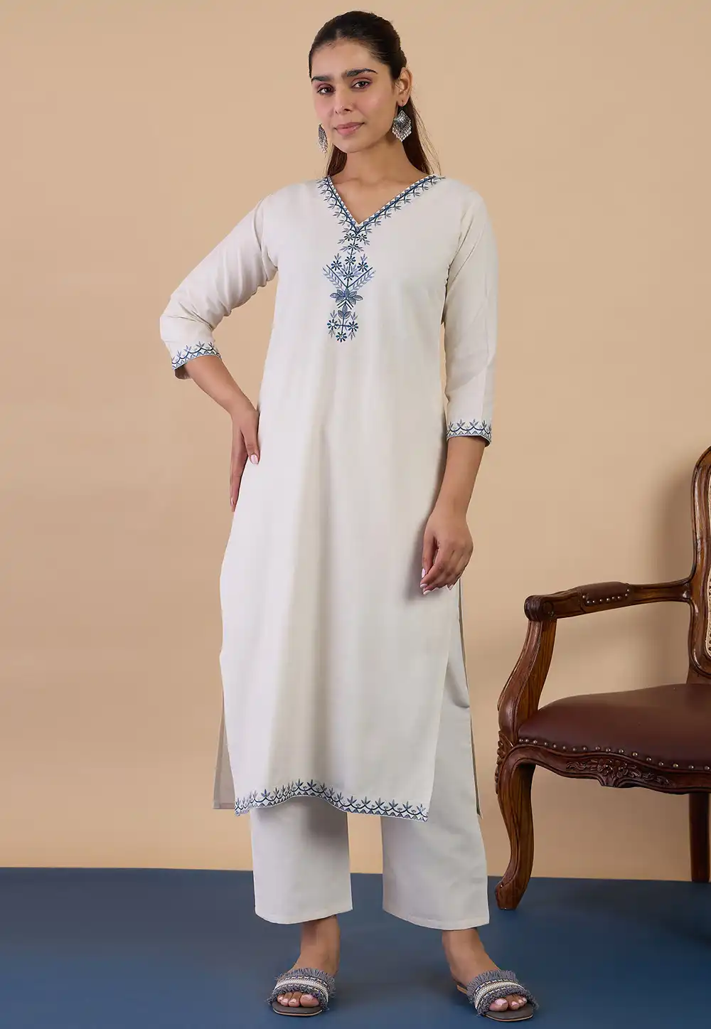 Off White Cotton Kurta Set With Pant 328599