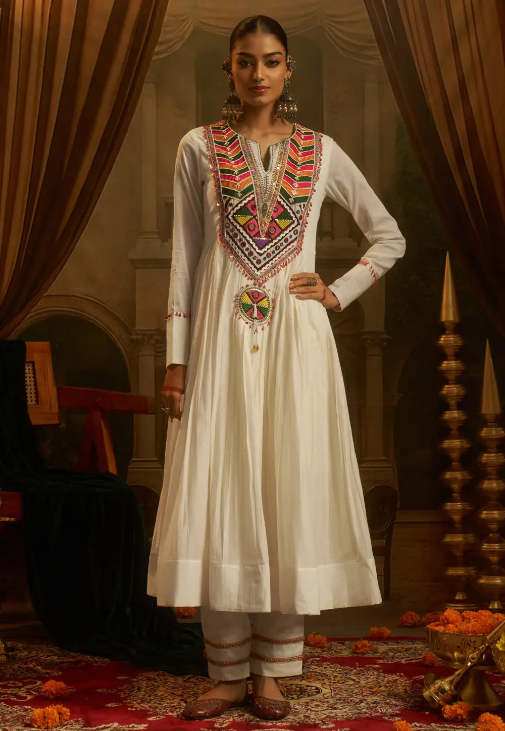 Off White Cotton Navratri Top Bottom 334413