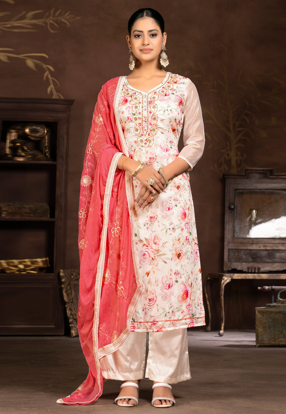 Off White Cotton Palazzo Suit 281063
