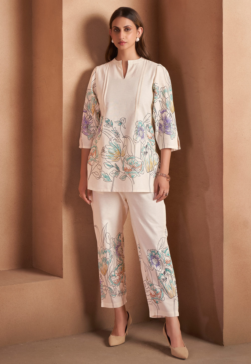 Off White Cotton Printed Co-Ords Set 322689