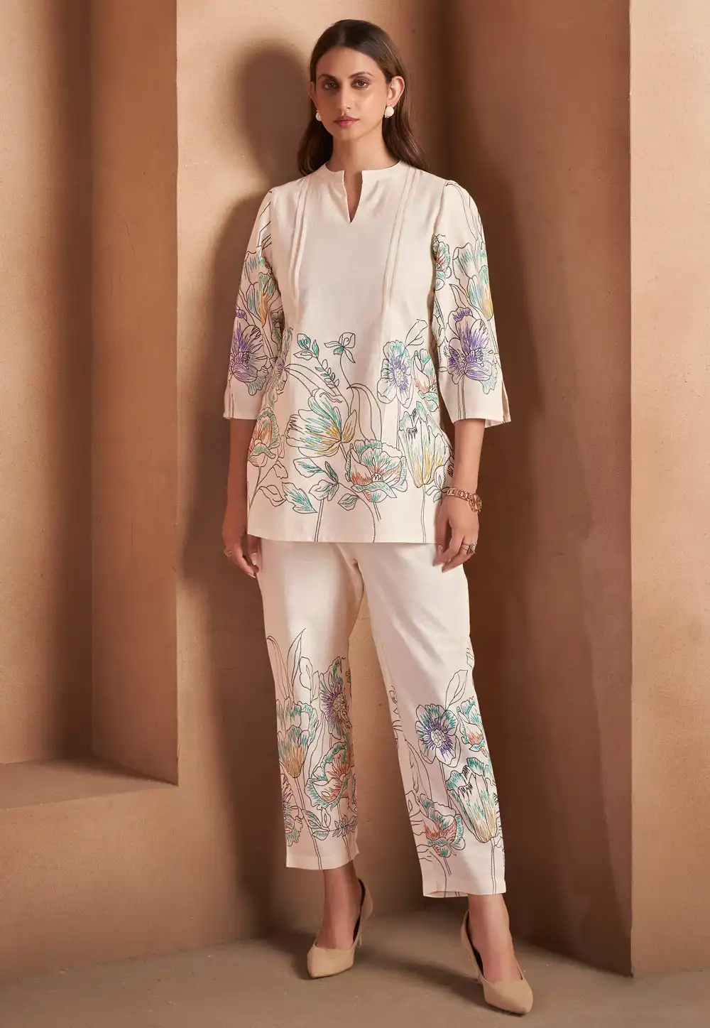 Off White Cotton Printed Co-Ords Set 322689