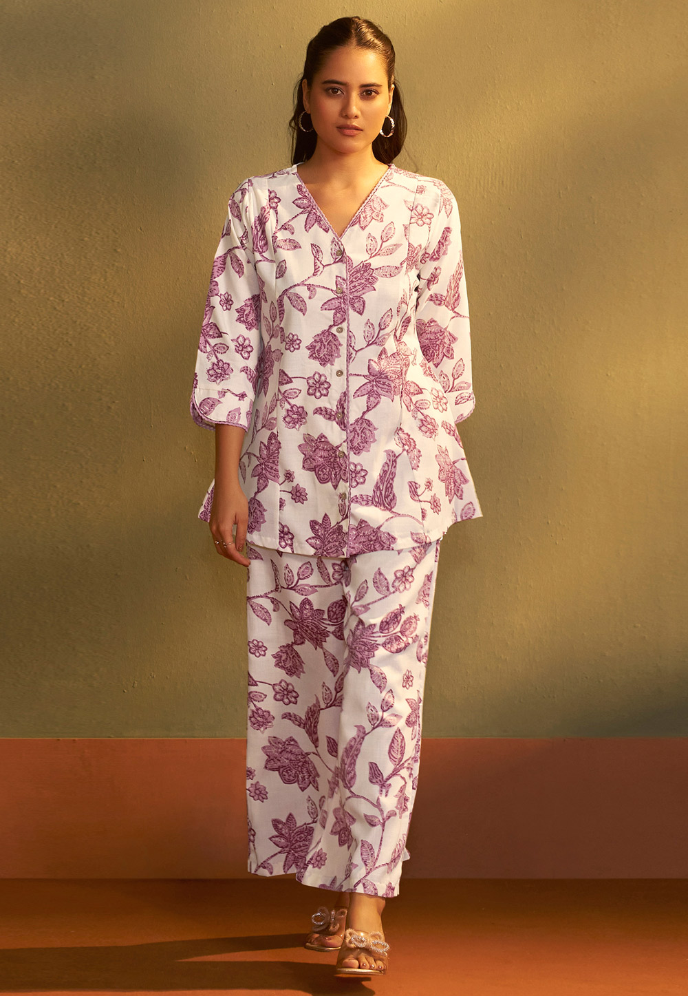 Off White Cotton Printed Co-Ords Set 322669