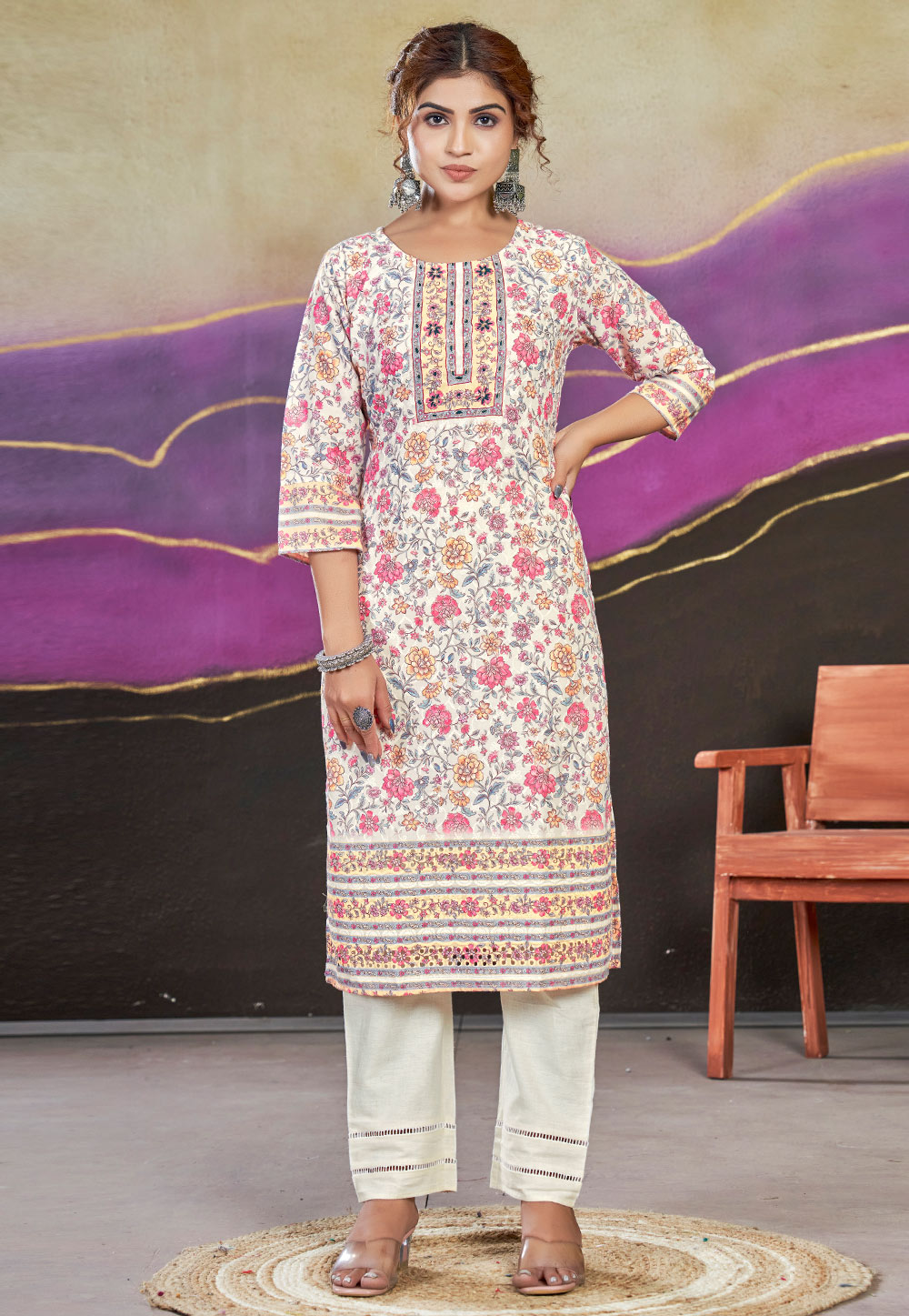 Off White Cotton Printed Long Kurti 283170