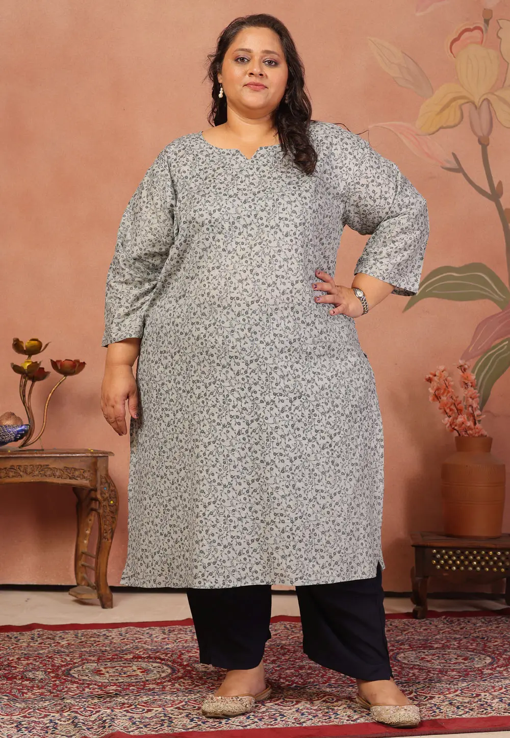 Off White Cotton Printed Long Tunic 336956